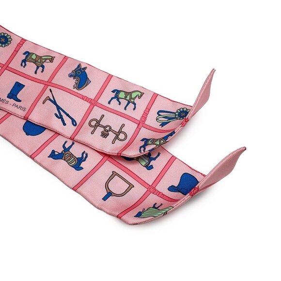 HERMES Twilly Horsewear Couvertures et Tenues Silk100% Rose/Blue/Vert - Picture 9 of 9